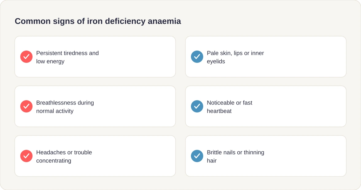 Common signs of iron deficiency anaemia: persistent tiredness, pale skin or lips, breathlessness, fast heartbeat, headaches, brittle nails or hair thinning