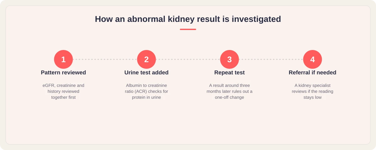 Four-step graphic: pattern reviewed, urine test added, repeat test, referral if needed