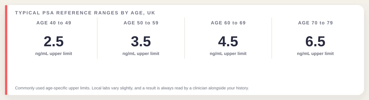 Typical PSA reference ranges by age in the UK: 2.5 ng/mL for ages 40 to 49, 3.5 for 50 to 59, 4.5 for 60 to 69, and 6.5 for 70 to 79