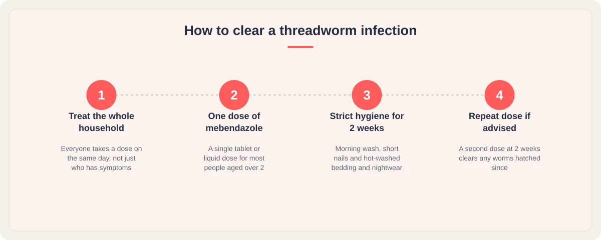 How to clear a threadworm infection: treat the whole household, one dose of mebendazole, strict hygiene for two weeks, repeat dose if advised