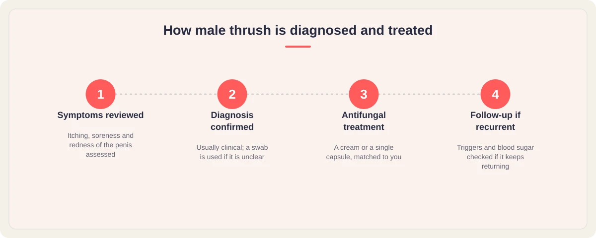 How male thrush is diagnosed and treated: symptoms reviewed, diagnosis confirmed, antifungal treatment, follow-up if recurrent