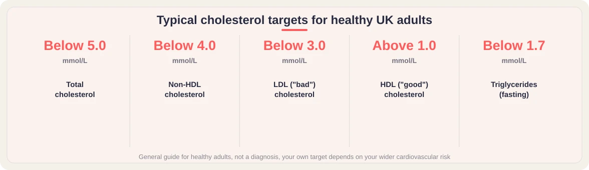 Typical UK cholesterol targets for healthy adults: total cholesterol below 5.0 mmol/L, non-HDL below 4.0, LDL below 3.0, HDL above 1.0, triglycerides below 1.7